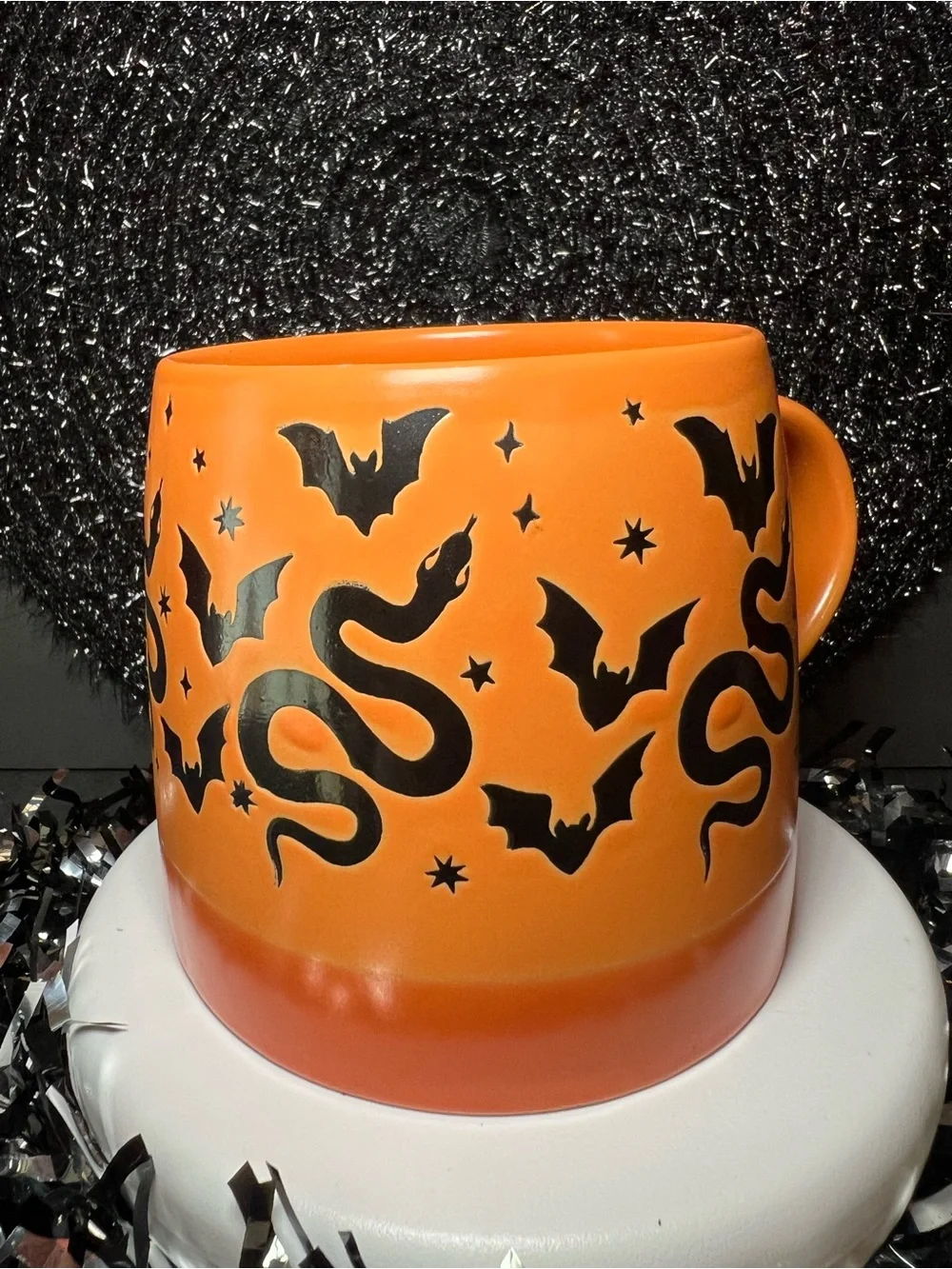 Halloween Orange Stoneware Mug with Black Bats & Snakes Large